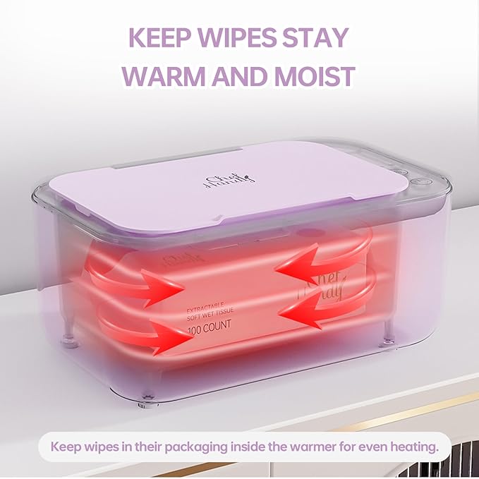 Chefhandy Wipe Warmer with Adjustable Temperature, Silent Heating & Large Capacity | Constant Warmth for Baby or Adult Wipes, Purple