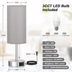 Silver Bedside Lamps for Bedroom Set of 2 - Nightstand Table Lamp with USB A + C Charging Port, 3 Color Temperatures Pull Chain Night Stand Light, Side Table Desk Reading Lamp for Living Room/Dorm