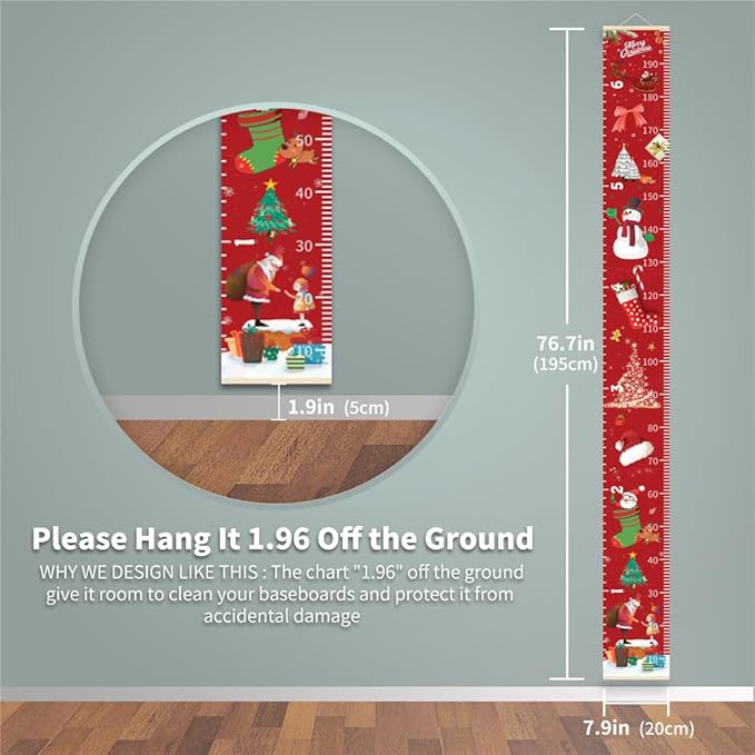 Christmas Decorations, Growth Chart for Wall, Height Chart for Kids, Xmas Nursery Decor, Hanging Ruler Wall Decor, Baby Room Decor, Christmas Gifts for Boys Girls - 76.7 x 7.9 inch with Black Wood
