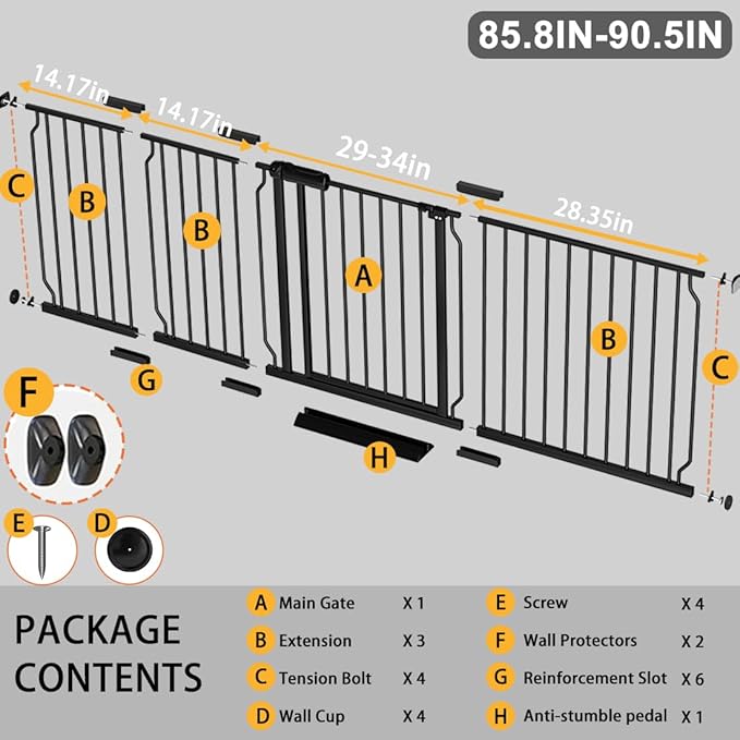 Fairy Baby Extra Wide Baby Gate 85.8-90.5 Inch Wide, Walk Through Pressure Mounted No Drill, Long and Large Tension Gate for Pet and Kids