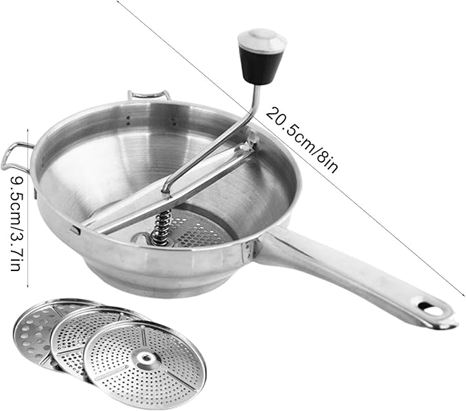 Stainless Steel Food Mill with 3 Milling Discs, Hand Grinder Baby Food Masher for Tomato Sauce Applesauce Jam Potato Ricer, Multifunctional Food Mill for Canning