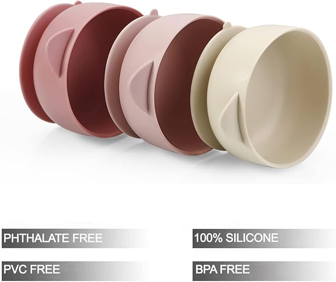 PandaEar 3 Pack Baby Bowls with Suction| Leak-Proof Stay Put Silicone Food Bowl with Lids for Babies Kids Toddlers Infants| Food Grade Soft Safe BPA-Free Silicone (Pink Rose Linen)