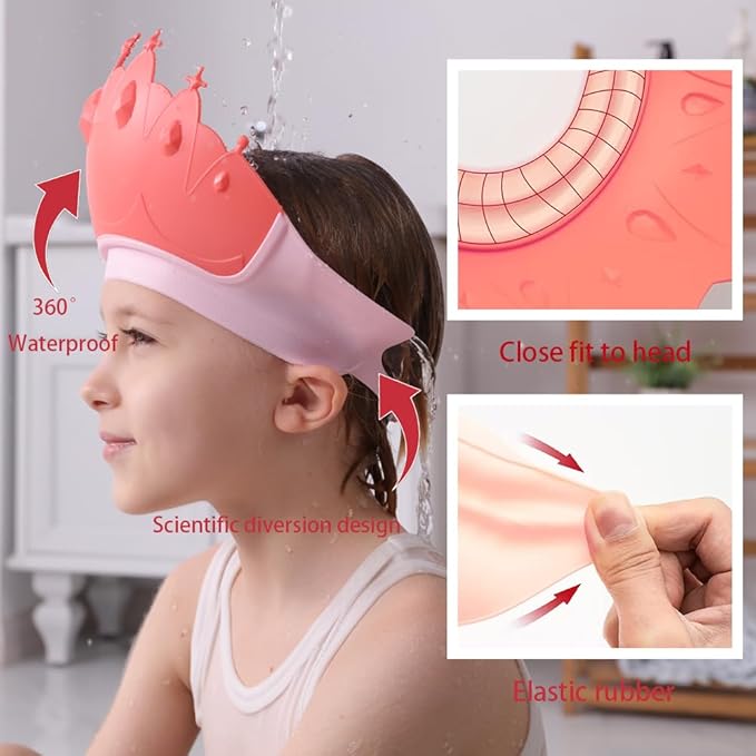 Baby Shower Cap Shield, Baby bath set shower cap, Visor Hat for Eye and Ear Protection for 0-9 Years Old Children,Cute Crown Shape Makes the Baby Bath More Fun (Red)