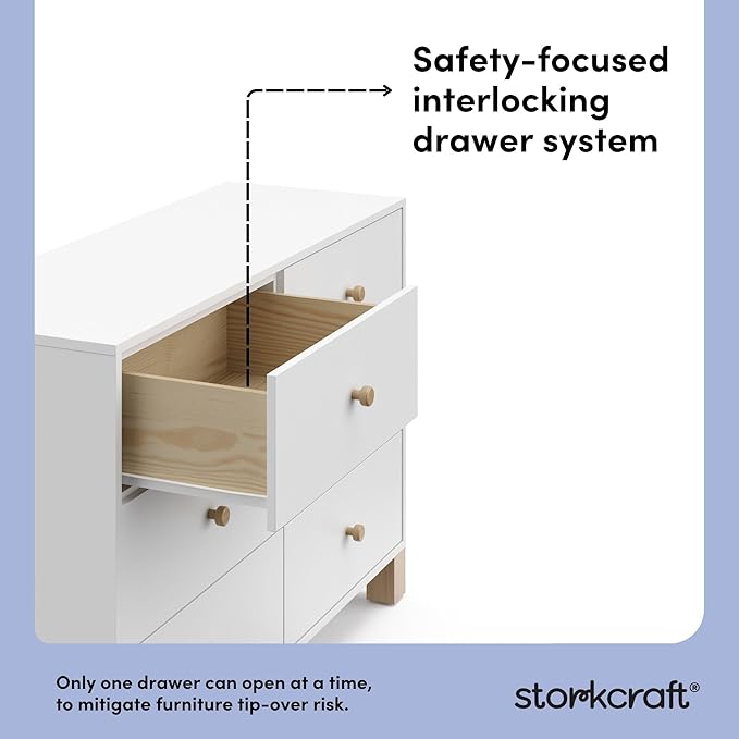 Storkcraft California 6-Drawer Double Dresser (White with Driftwood) - GREENGUARD Gold Certified, Interlocking Drawer System, Dresser Drawer Organizer for Kids Bedroom