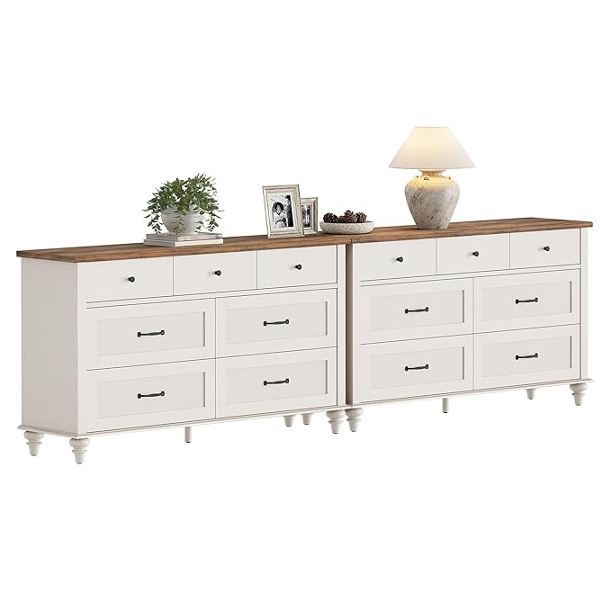 WAMPAT White Dresser Set with 14 Drawers for Bedroom, 2-in-1 Kids Dresser for Nursery Kids Room, Mid Century Modern Chests & Dressers, Distressed Wide Dresser Organizer for Children’s Bedroom