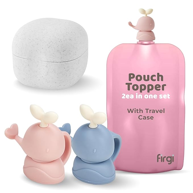 Whale SoftSip Food Pouch Topper | 2EA + Travel Case | Prevent Spills & Leakage | Protect Child Baby Toddler Mouth | Food Grade Silicone Reusable | Baby Led Weaning | BPA Free| Pink+Blue