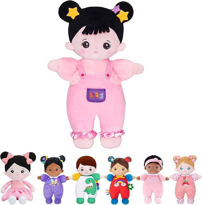 OUOZZZ 10" Soft Baby Doll for 1 Year Old Girl Gifts - Asian Doll Toys for 1 Year Old Birthday Christmas Plush Gift for Toddler Pink Straps Black Hair