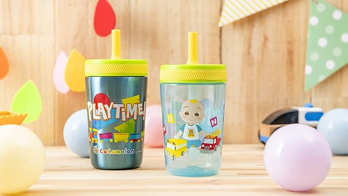 Zak Designs CoComelon Kelso Tumbler Set, Leak-Proof Screw-On Lid with Straw, Bundle for Kids Includes Plastic and Stainless Steel Cups with Bonus Sipper (3pc Set, Non-BPA), 15 fluid ounces