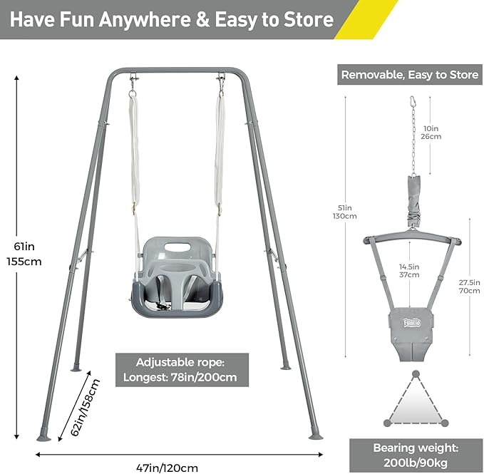 FUNLIO 2 in 1 Swing Set for Toddler & Baby Jumper, Heavy Duty Kids Swing & Bouncer with 4 Sandbags, Foldable Metal Stand for Indoor/Outdoor Play, Easy to Assemble and Store - Grey