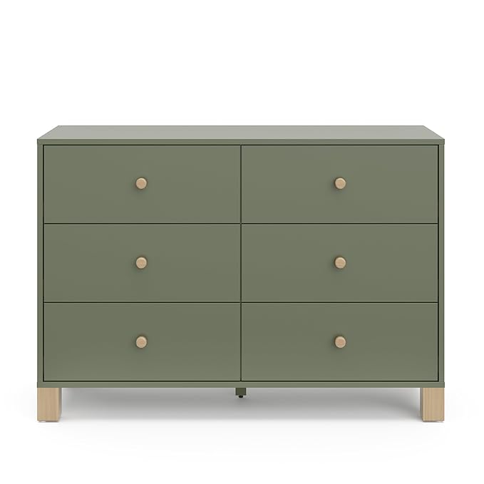 Storkcraft California 6-Drawer Double Dresser (Olive with Driftwood) - GREENGUARD Gold Certified, Interlocking Drawer System, Dresser Drawer Organizer for Kids Bedroom