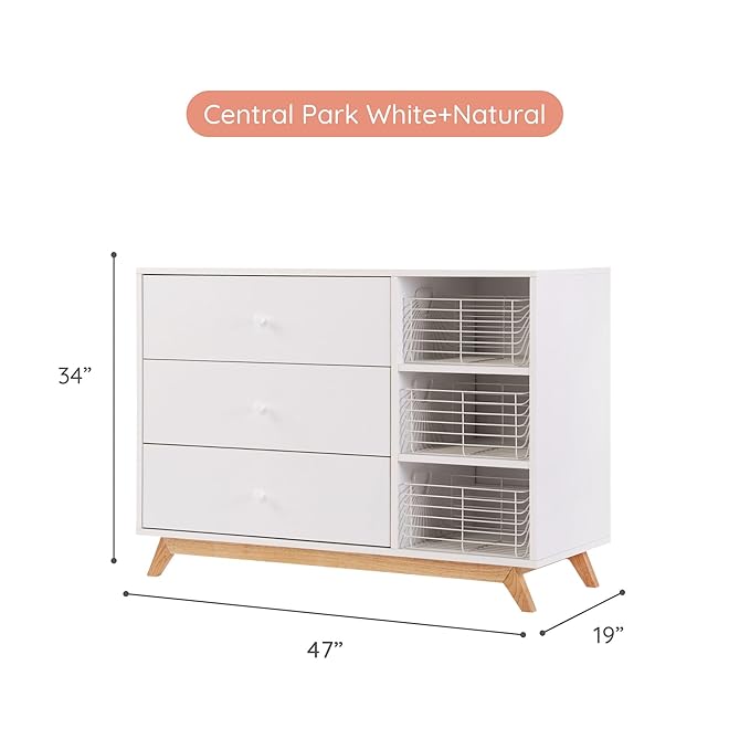 dadada Central Park 3-Drawer Dresser with Open Shelving - Modern Design, Baby-Safe Finish, Forged Steel Support, Sturdy Wood Legs, for Nursery, Kids or Teen Room, 47” Wide (White+Natural)