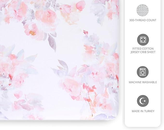 Oilo Crib Sheet, Breathable, Fitted, Turkish Cotton Jersey, 300 Thread Count, Machine Washable, Fits Standard Crib (28" x 52" x 6"), Toddler Bedding, Girl, Boy, & Neutral Nursery Design, Prim Floral