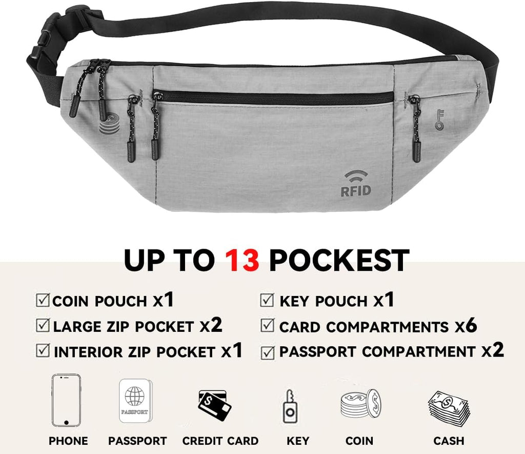 Travel Money Belt for Men and Women hidden slim passport holder - travel wallet with RFID blocking under clothes to protect Cash, Credit Cards and Documents (GRAY)