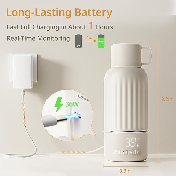 Snow Bear Portable Bottle Warmer for Travel, Fast Heating in 2.5 Mins for Breast Milk, 10200mAh Battery with LED Display, 17oz Large Capacity, Baby Bottle Warmer with Precise Temperature Control