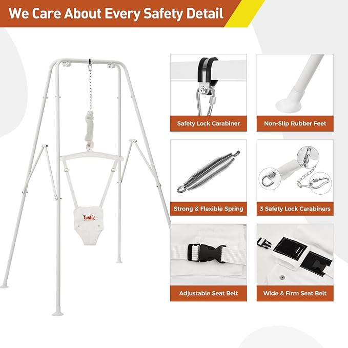 FUNLIO 2 in 1 Swing Set for Toddler & Baby Jumper, Heavy Duty Kids Swing & Bouncer with 4 Sandbags, Foldable Metal Stand for Indoor/Outdoor Play, Easy to Assemble and Store - White