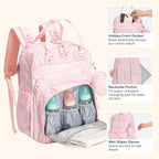 BabbleRoo Diaper Bag Backpack - Baby Essentials, Travel Essentials Baby Bag with Changing Pad, Stroller Straps & Pacifier Case - Unisex, Pink Birdy