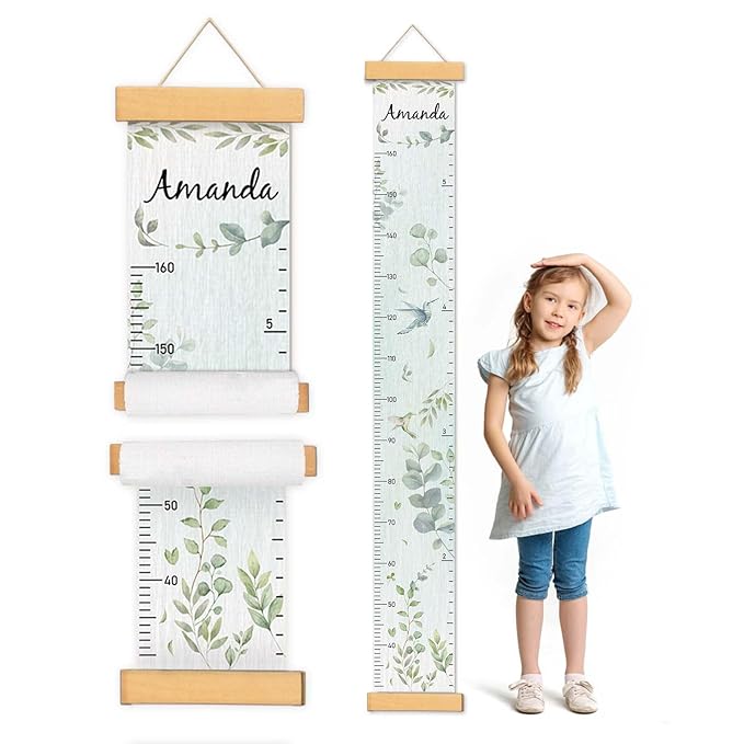 Personalized Name Growth Chart for Wall, Eucalyptus Leaves Canvas Height Chart for Kids Baby Child Toddler Boys Girls, Canvas&Wood Growth Chart for Wall Room Nursery Decor,Easy Care