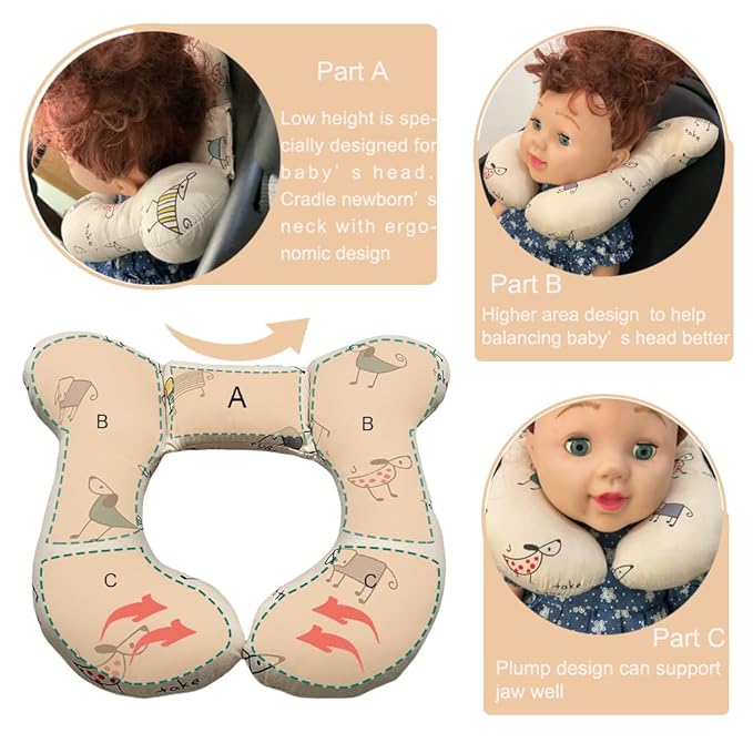 Baby Neck Pillows, Comfortable Baby Travel Head Neck Support for Car Seat Stroller Pushchair, Soft PP Cotton Travel Cushion for 0-1 Year Old Toddler Infant Newborn, Dogs