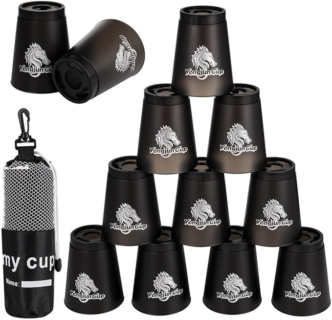 yeesport 12 Pcs Sport Stacking Cups, Sport Training Game for Challenge Competition, Plastic Stacking Cups, Classic Family Game for Kids and Adults, Black