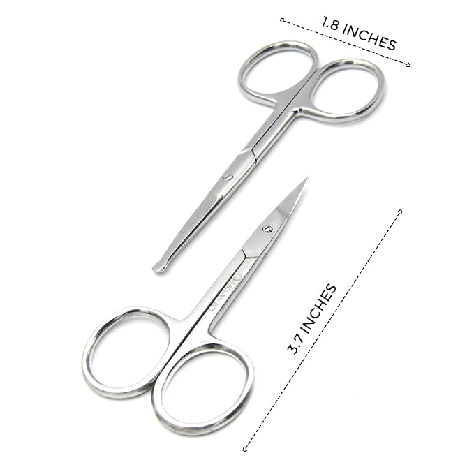 Pack of 2 Curved & Rounded Blunt Tip TSA Stainless Steel Small Scissors for Eyebrows & Eyelashes for Beard Trimming & Moustache, Baby Scissors for Nails, Nose & Facial Hair Scissor.