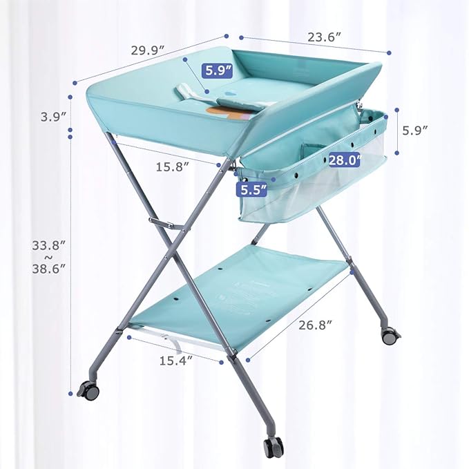 Baby Changing Table Portable Folding Diaper Changing Station with Wheels, Adjustable Height Mobile Nursery Organizer with Safety Belt and Large Storage Racks for Newborn Baby and Infant, Green