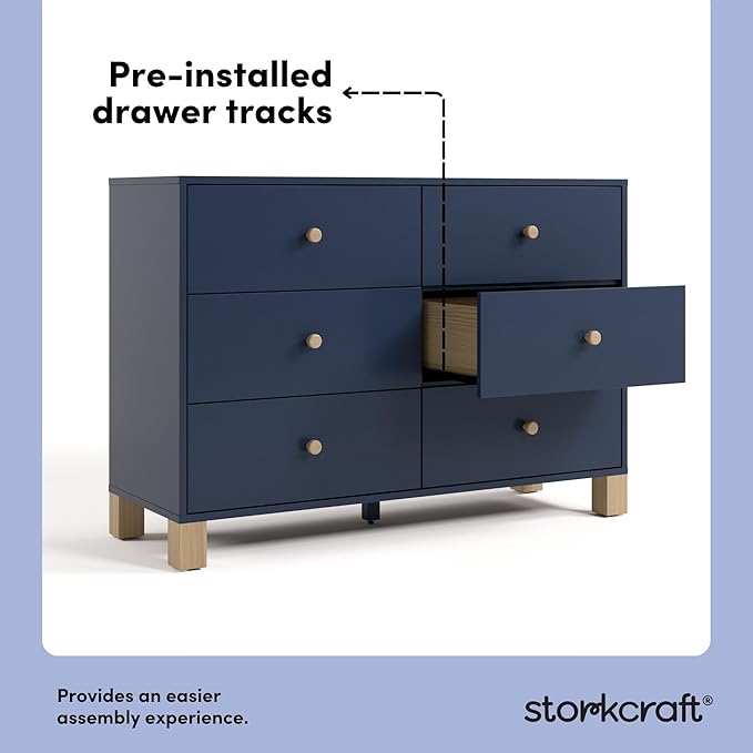 Storkcraft California 6 Drawer Double Dresser (Midnight Blue with Driftwood) – GREENGUARD Gold Certified, Spacious Storage Organizer for Kids’ Room, Safety Interlocking Drawer System
