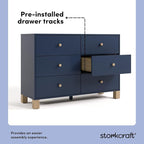 Storkcraft California 6 Drawer Double Dresser (Midnight Blue with Driftwood) – GREENGUARD Gold Certified, Spacious Storage Organizer for Kids’ Room, Safety Interlocking Drawer System