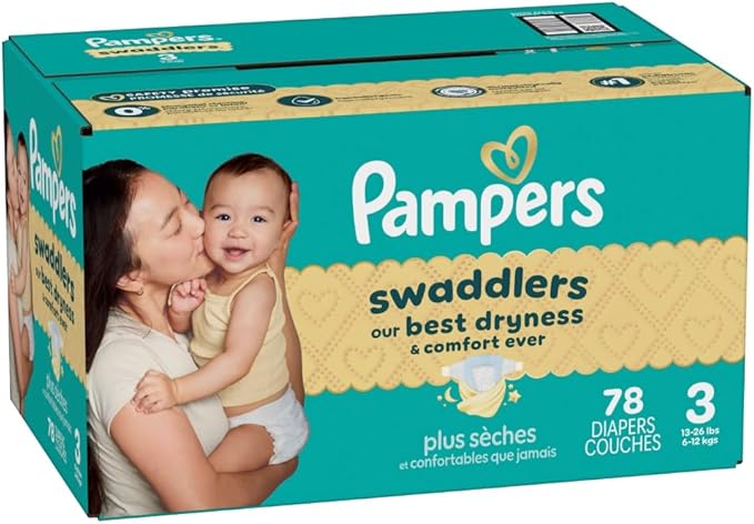 Pampers Swaddlers Diapers, Size 3 (13-26 lbs), 78 Count, Absorbent, Keeps Baby Dry and Comfortable, Skin Safe Disposable Baby Diaper (Packaging May Vary)