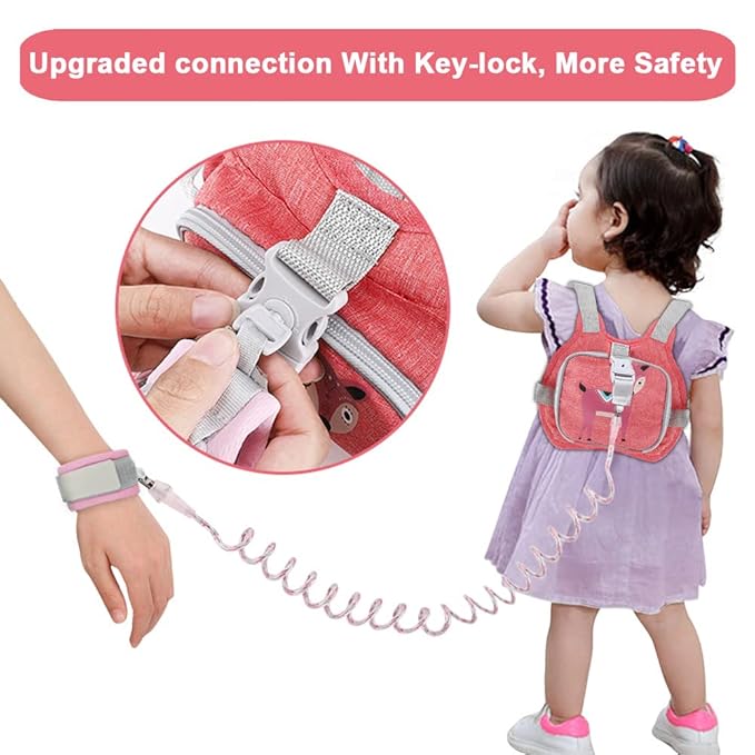 Toddler Harness Leash + Anti Lost Wrist Link, Accmor Kids Harnesses Children Leashes for Girls, Cute Deer Baby Walking Holder Anti-Lost Bracelet Strap Tether for Outdoor Keep Kids Close (Pink)