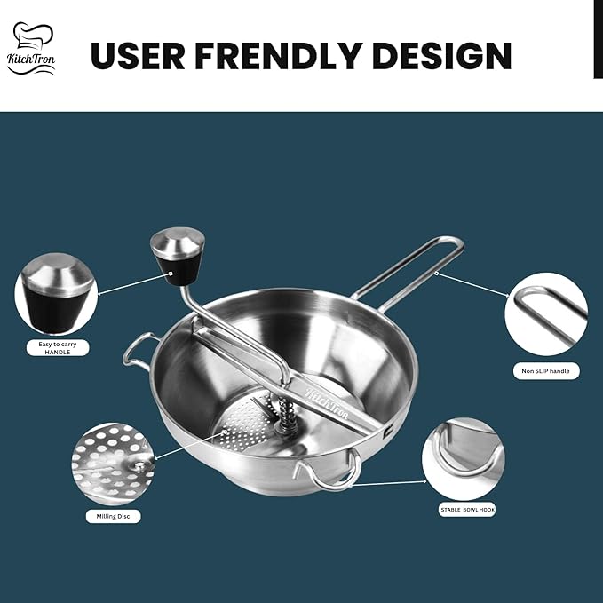 Food Mill with 3 Grinding Milling Discs,Bowl & Milling Handle Safe Stainless Steel meal grinder Perfect food mill for tomato, Potato Masher, Vegetable Chopper, Baby Food Processor (Silver)