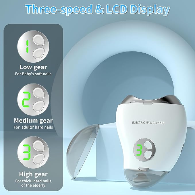 Electric Nail Clipper, Automatic 2-in-1 Baby Nail Trimmer with LED Light & Nail Storage Box, Rechargeable Fingernail Cutter with 3 Speed Gears, Safe Nail File for Baby, Kids & Adults