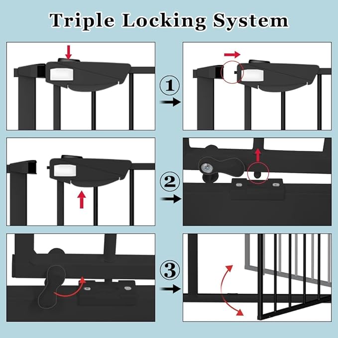 WAOWAO Triple Lock 77.17-84.65" Baby Gate Extra Wide Pressure Mounted Walk Through Swing Auto Close Safety Black Metal Dog Pet Puppy for Stairs,Doorways,Kitchen
