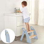 Wooden 2 Step Stool for Kids Bathroom Sink Foldable Anti-Slip 2-Step for Toilet Potty Training, Child Stepping Stool for Kitchen Nursery Bedroom, Sturdy Non Slip Adult Stool for Closet Blue