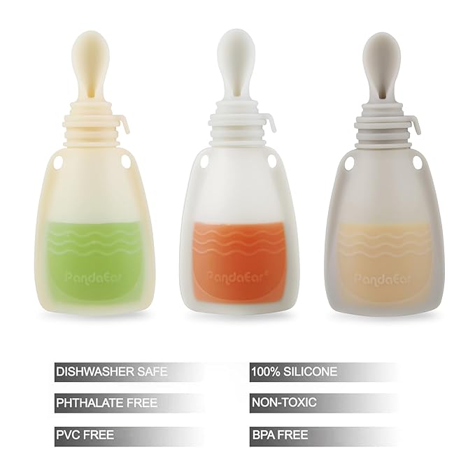 PandaEar 3 Pack Silicone Baby Food Pouches, Reusable Squeeze Pouches for Toddler with 3 Silicone Puree Feeder Spoon, BPA-Free Silicone Refillable Infant Food Storage, 5.5 oz (Light Tan&Walnut&Grey)