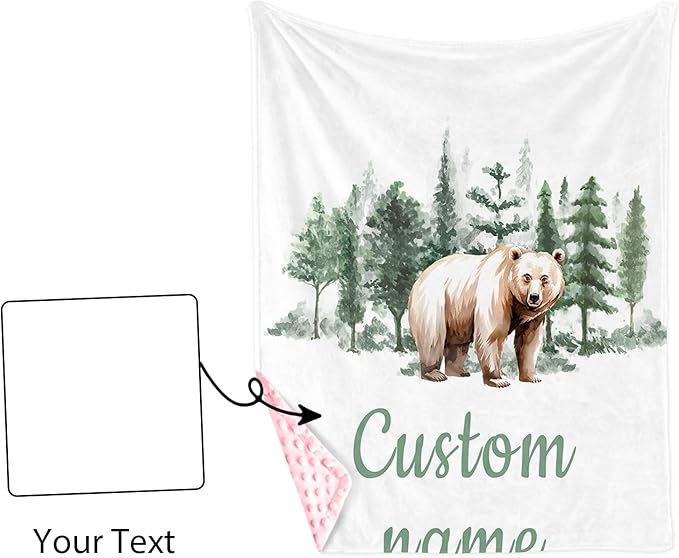 Custom Name Baby Receiving Blanket – Cozy Flannel with Double-Layer Dotted Backing – Bear in Forest Theme for Newborns and Toddlers