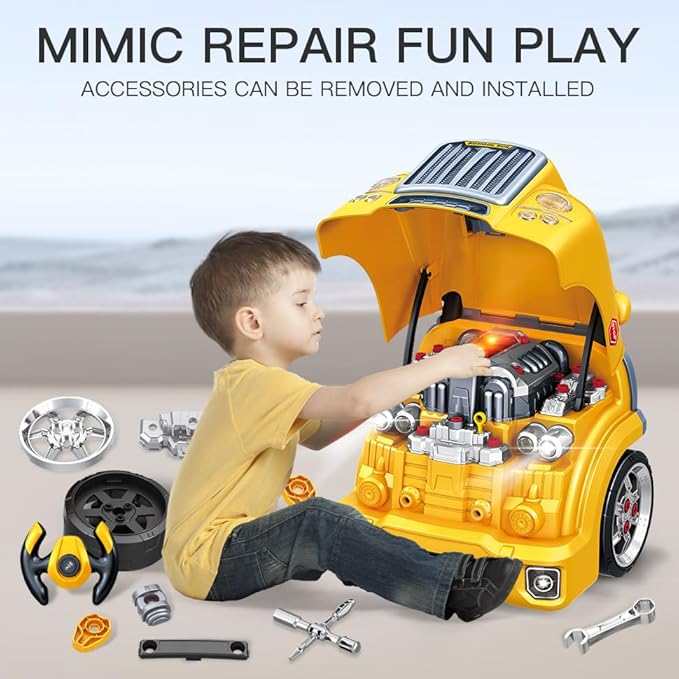 Interactive Truck Engine Toy with Removable Parts - Lights, Sounds, and Fun for Young Mechanics -Unleash Their Creativity and Motor Skills with This Truck Engine Toy (Yellow)