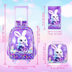 Rolling Backpack for Girls, Cute Rabbit Roller Wheels Kids Bookbag - Wheeled Elementary School Bag - 3PCS Rabbit