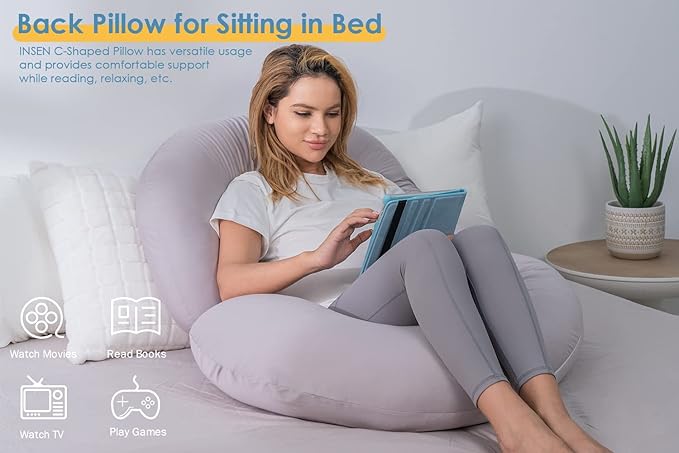 INSEN Cooling Pregnancy Pillow, Maternity Pillow with Tencel Cover,C Shaped for Pregnant and Side Sleeping (Cooling Light Grey)