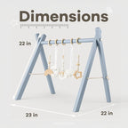 Comfy Cubs Wooden Baby Play Gym - Natural Finish Pinewood Baby Activity Gym with 5 Sensory Hanging Toys - Easy No-Tool Assembly, Safe and Durable for Infant Motor and Visual Development - Pacific Blue