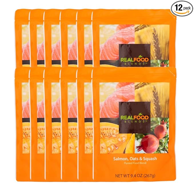 Real Food Blends Salmon, Oats & Squash - Pureed Food Meals for Tube Feeding with Protein, Vegetables & Fruits - 330 Calories for Lunch & Dinner - 9.4 oz (Pack of 12)