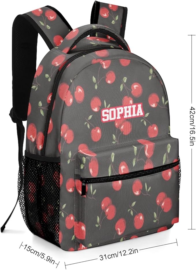 Red Cartoon Cherry Custom Kids Backpack 16.5 Inch for Boy Girl, Personalized Waterproof Child School Travel Bag with Name
