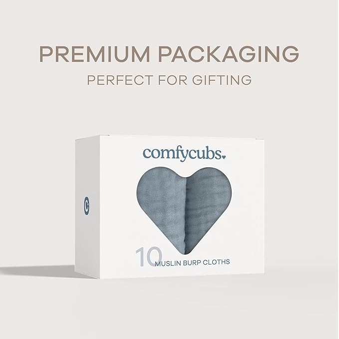 Comfy Cubs Muslin Burp Cloths 20" x 10", Pack of 10 - Large, 6-Layer, Ultra Absorbent 100% Cotton for Baby Drool and Messes - Soft, Safe & Gentle Baby Burp Cloths for Boys & Girls - Pacific Blue