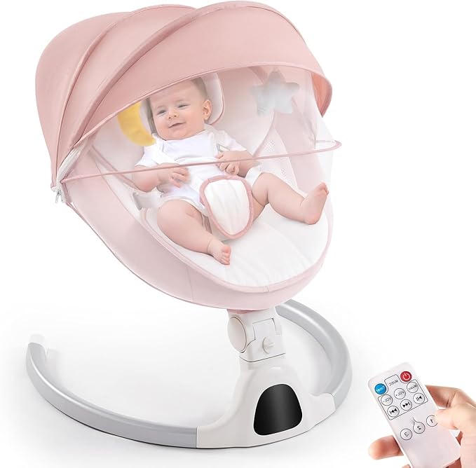 Baby Swing for Infants,Comfort Cradling Baby Rocker Portable Newborn Swing with Music/Remote Control/Timing Function,Pink