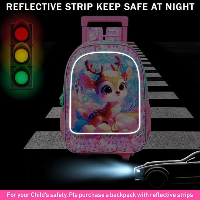 Girls Rolling Backpack, Cute Deer Roller Wheels Kids Bookbag - Wheeled Elementary School Bag - 3PCS Deer