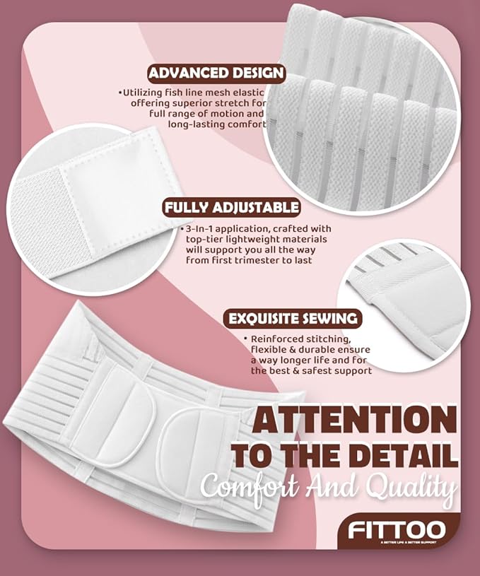 FITTOO Maternity Belt Back Support Belly Band Pregnancy Belt Support Brace Abdominal Binder Waist Support White XL