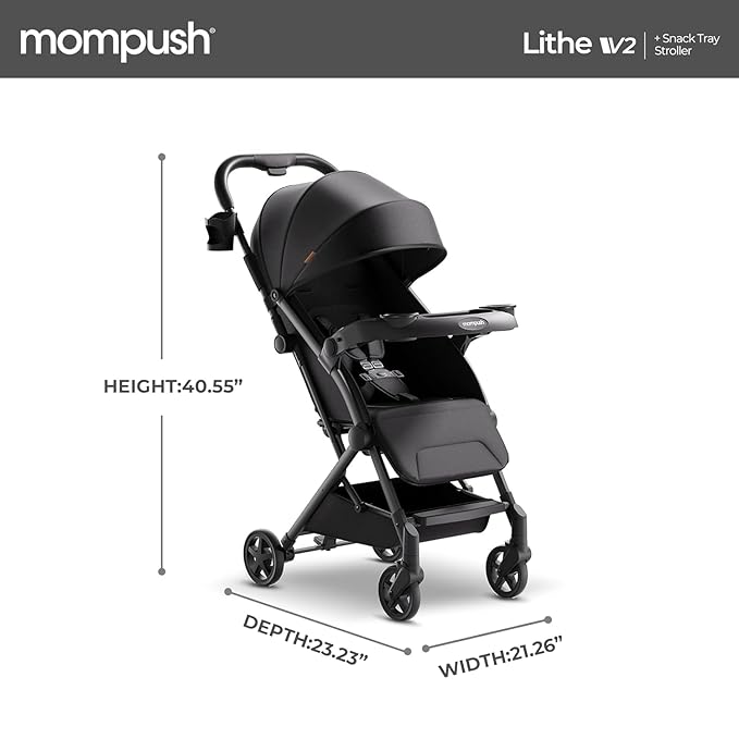 Mompush Lithe V2 Lightweight Travel Stroller, Compact Foldable Baby Stroller with Travel Bag, One-Hand Fold Stroller, Snack Tray, Mechanical Recline Seat, Airplane-Ready, Organizer & Rain Cover