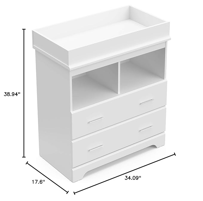 Storkcraft Brookside 2 Drawer Changing Table Dresser (White) – GREENGUARD Gold Certified, Easy-to-Match Chest of Drawers and Cubbies for Nursery and Kids Bedroom, Includes Changing Table Topper