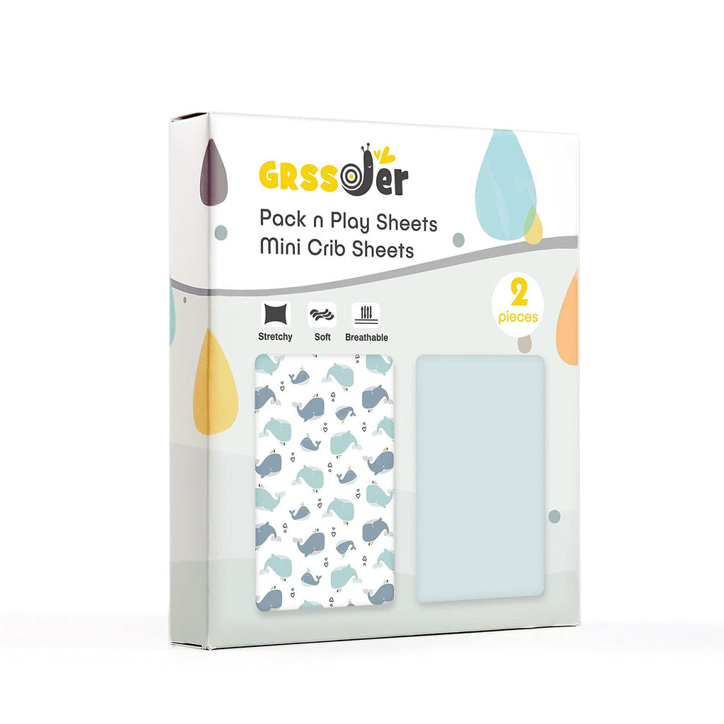 GRSSDER Stretchy Ultra Soft Jersey Knit Fitted Pack n Play Sheets Set 2 Pack, Portable/Mini Cribs Playards Sheets, Universal Fitted Pack and Play Mattress Sheets, Lovely Whale for Girls and Boys