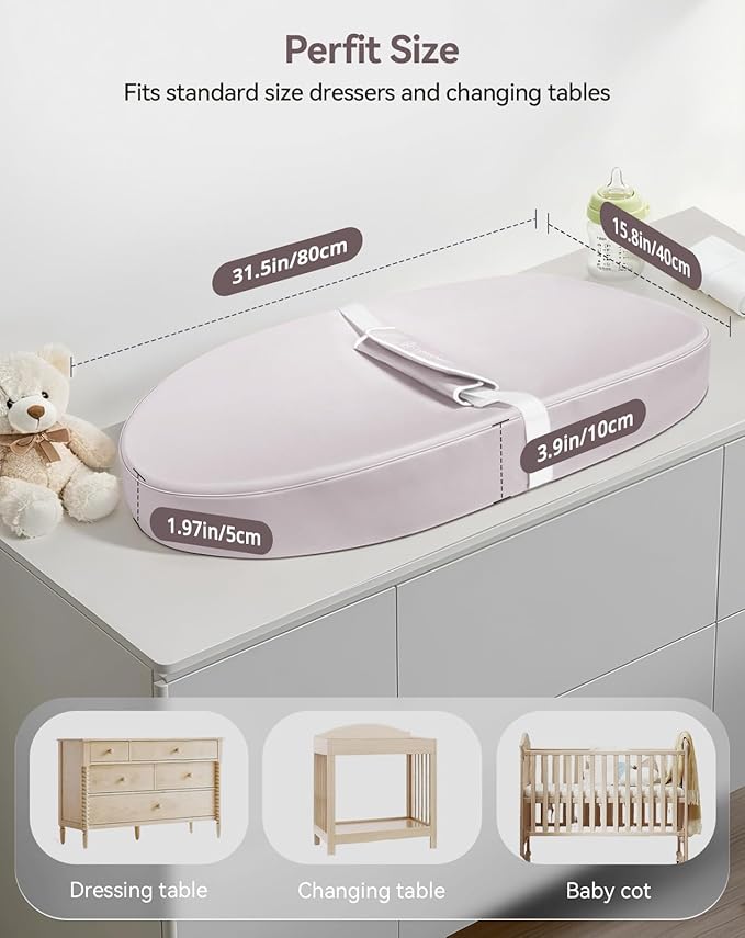 COMOMY Baby Changing Pad with Wipeable & Waterproof PU Cover, Contoured Diaper Changing Pad for Dresser with Non-Slip Safety Belt, Portable and Lightweight, Large Cushioned Foam, Lavender