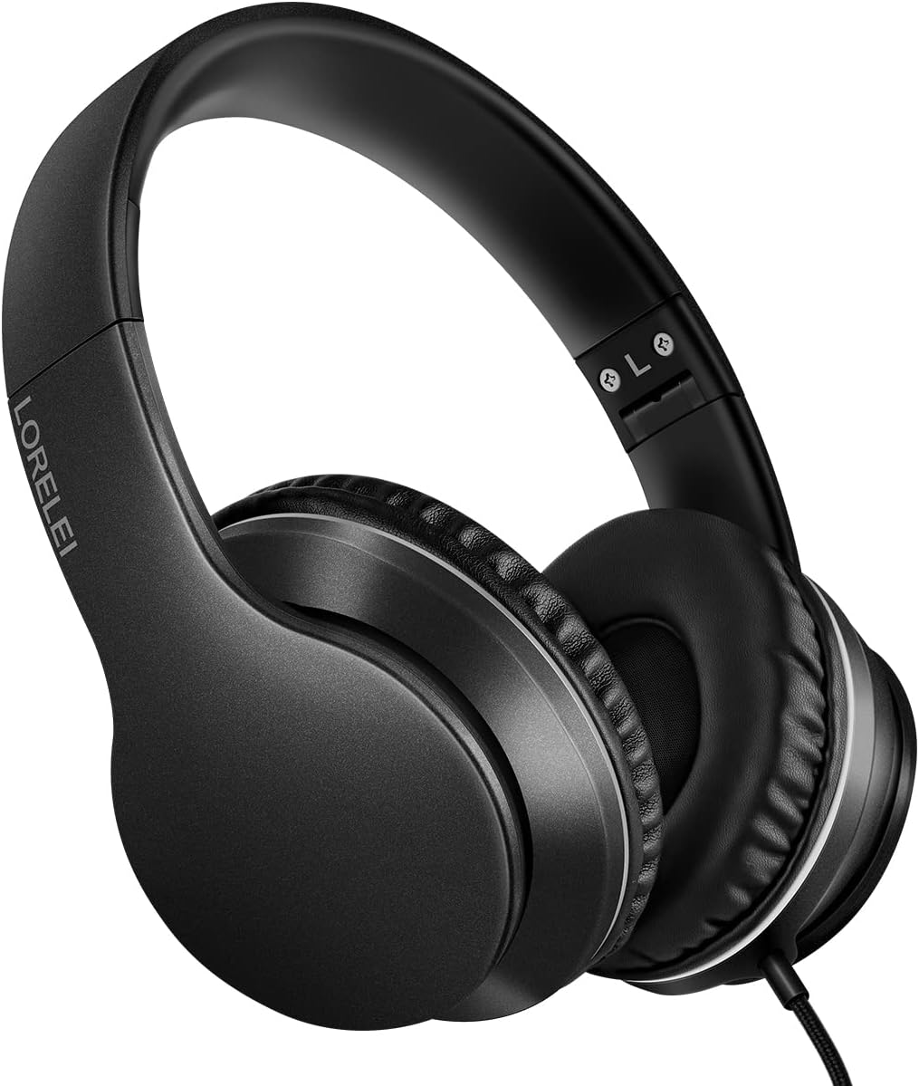 LORELEI X6 Over-Ear Headphones with Microphone, Lightweight Foldable & Portable Stereo Bass Headphones with 1.45M No-Tangle, Wired Headphones for Smartphone Tablet MP3 / 4 (Space Black)